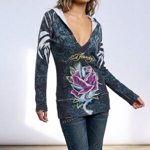 Vintage Ed Hardy 2000s y2k Knit Hooded Sweater Lightweight Flower Shark Print